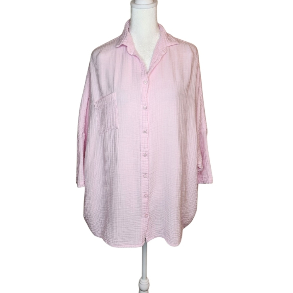 Stark X Cotton Gauze Oversized 3/4 Sleeve Button Down Shirt Size Medium